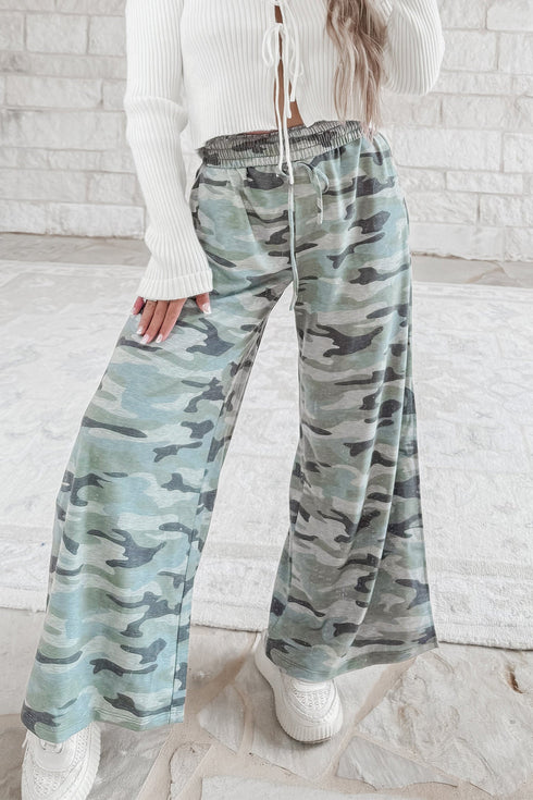 Camo Wide Leg Tie Elastic Waist Pants