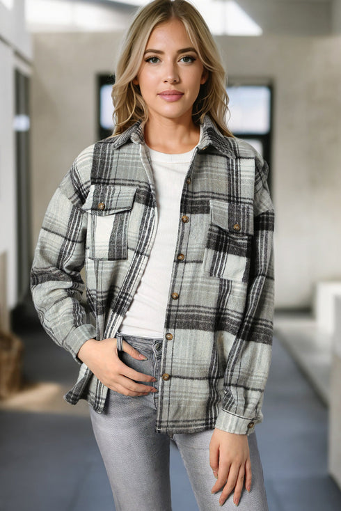 Casual Plaid Print Flap Pocket Button Down Shacket