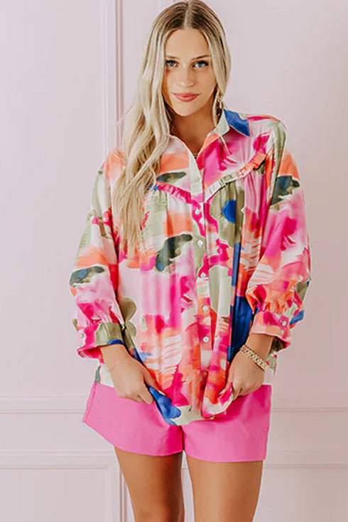 Abstract Floral Print Ruffle Detail Button Down Shirt