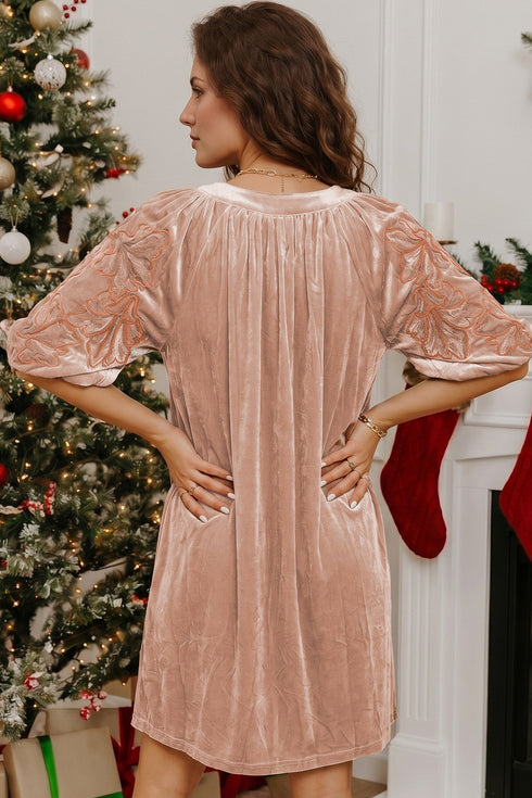 Embroidered Sleeve Textured Velvet Shift Mini Dress