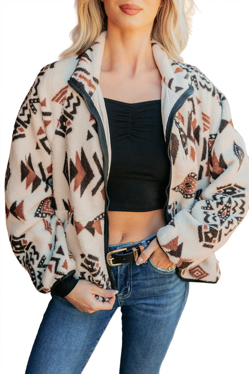 Geometric Print Long Sleeve Shirt Collar Zip Up Placket Binding Tape Jacket