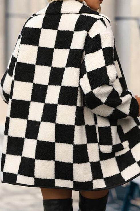 Checkered Collared Buttoned Side Pocket Fleece Jacket