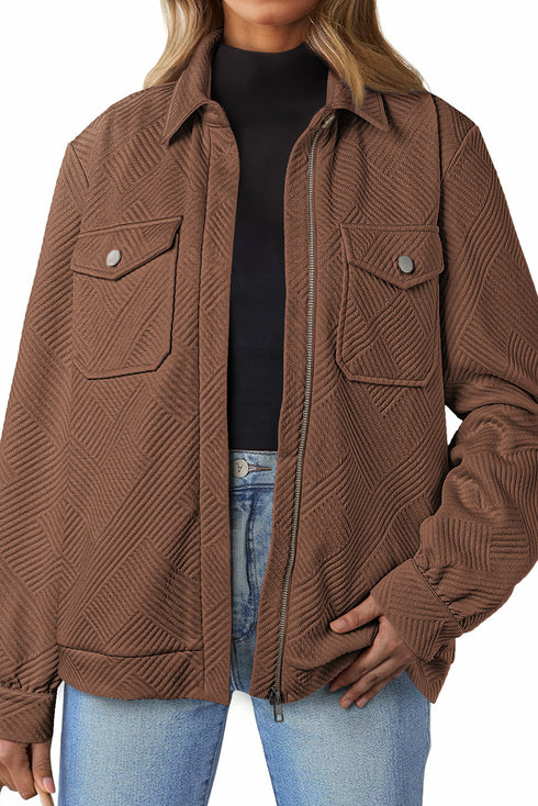 Casual Textured Flap Pocket Shirt Collar Zip Up Jackets
