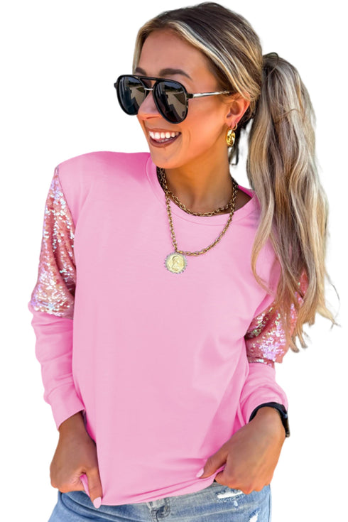 Sequin Round Neck Cotton Detail Long Sleeve Pullover Top