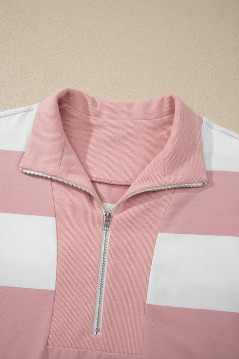 Striped Half Zip Bracelet Sleeve Top Short Set