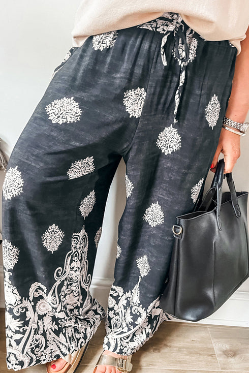 Geometric Paisley Print Bohemian Drawstring Wide Leg Pants