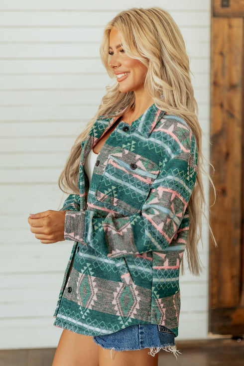 Aztec Geometric Print Button Front Long Sleeve Shacket