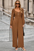 Long Sleeve Shirred Button Straight Leg Jumpsuit