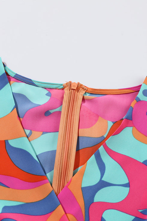 Abstract Print Pleated Surplice Long Sleeve Bodycon Dress