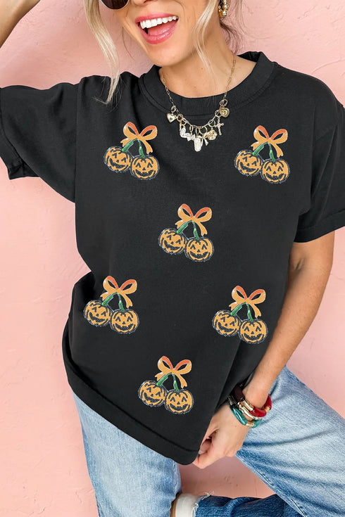 Sequin Pumpkin Cherry Graphic Round Neck Tee