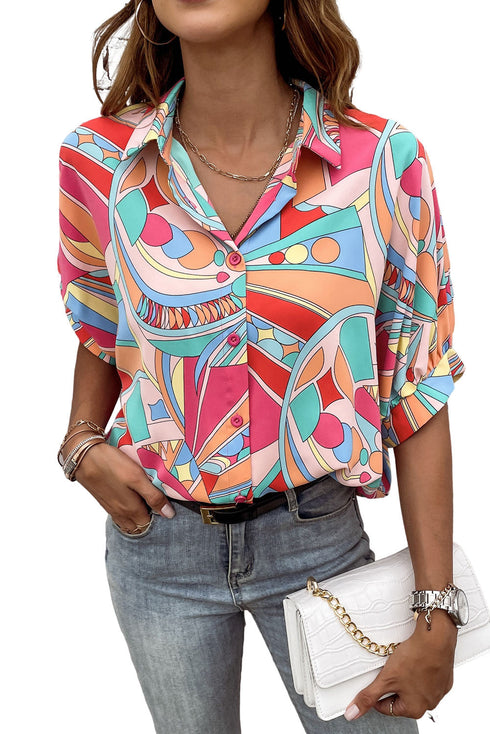 Abstract Geometric Print Relaxed Fit Button Up Shirt