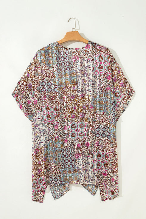 Bohemian Mixed Print Open Front Draped Kimono