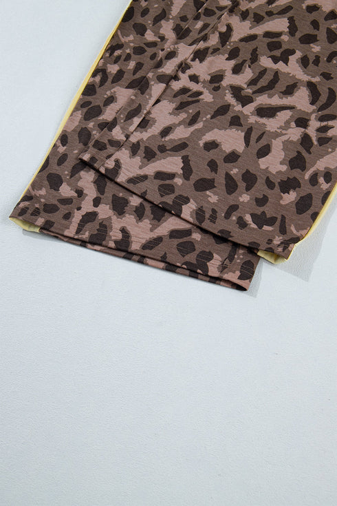 Leopard Print Long Sleeve V Neck Wide Leg Pant Set