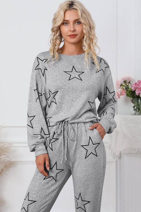 Star Print Long Sleeve Drawstring High Waist Pant Set