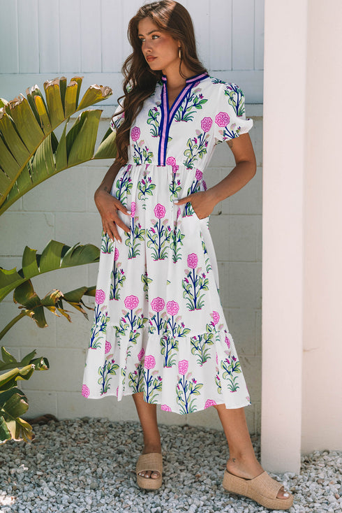 Floral Puff Short Sleeve V Neck High Waist Maxi Dress