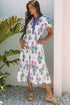 Floral Puff Short Sleeve V Neck High Waist Maxi Dress