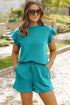 Textured Ruffle Sleeve Split Top Drawstring Short Set