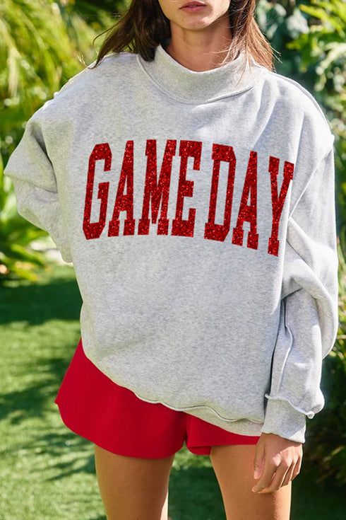Polyester Glitter Letter Mock Neck Graphic Sweatshirt