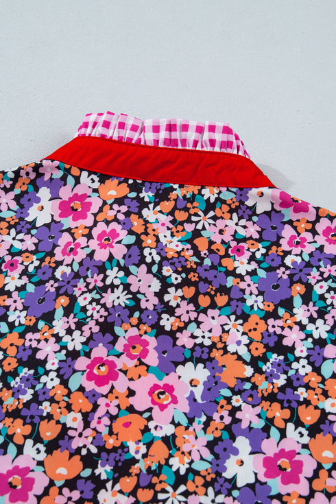 Ditsy Floral Print Plaid Trim V Neck Blouse