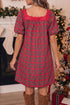 Plaid Square Collar Lace Trim Short Sleeve Shift Mini Dress
