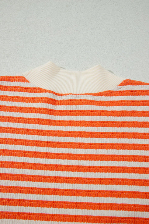 Striped Textured Mock Neck Oversized Long Sleeve Top