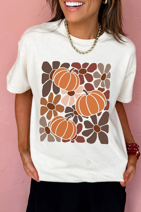 Polyester Cotton Blend Floral Pumpkin Print Tee