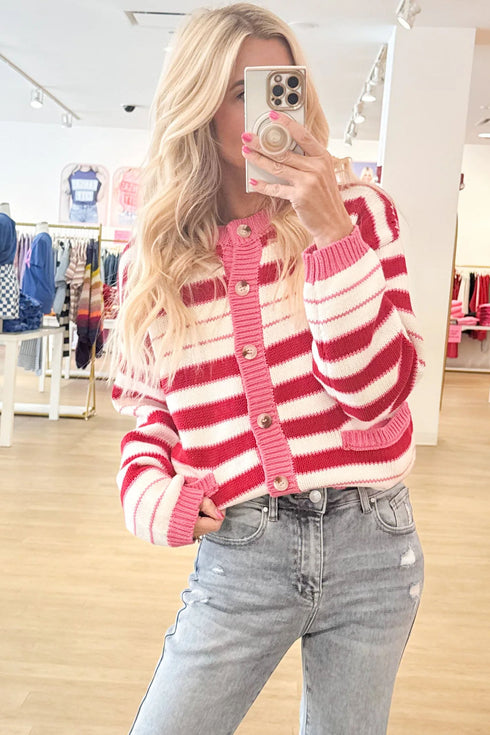 Striped V Neck Long Sleeve Regular Fit Cardigan