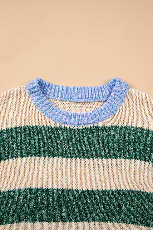 Polyester Striped Pattern Drop Shoulder Pullover Sweater