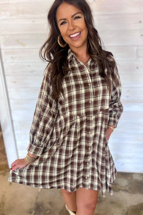 Plaid Long Sleeve Short Shift Mini Dress