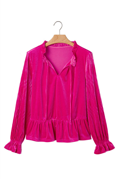 Velvet V Neck Ruffled Cuff Hem Long Sleeve Top