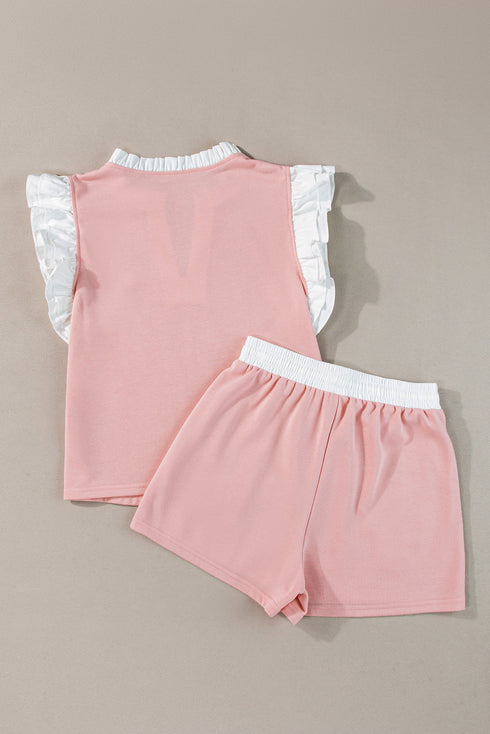 Contrast Trim Ruffled Sleeve Smocked Drawstring Short Set