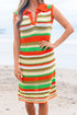 Striped Crochet Knit Collared Sleeveless Shift Dress