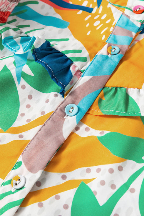 Abstract Leaf Print Ruffled High Neck Blouse