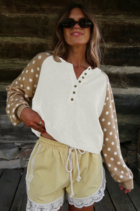 Polka Dot Button V Neck Long Sleeve Sweater