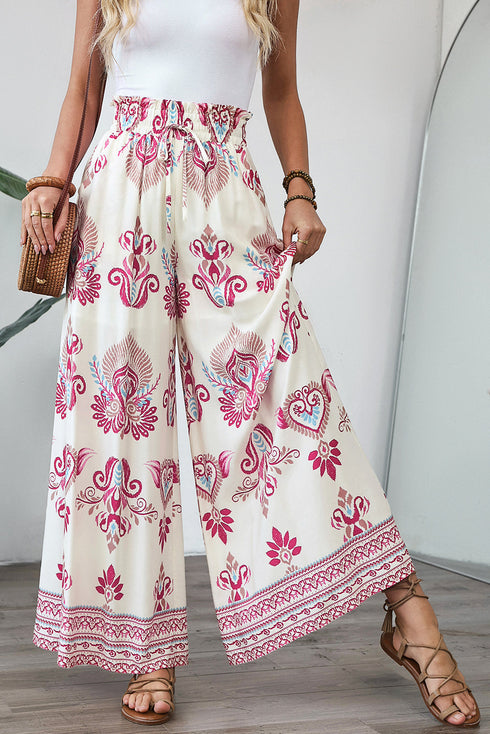 Bohemian Printed Smocked High Waist Wide Leg Pants