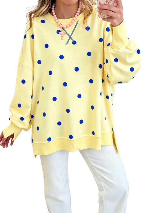 Polka Dot Split Hem Loose Long Sleeve Pullover Top