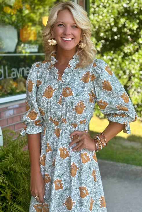 Bohemian Frilled V Neck Bracelet Sleeve Long Floral Dress