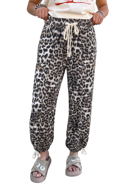 Cotton Denim Leopard Print Drawstring Jogger Jeans