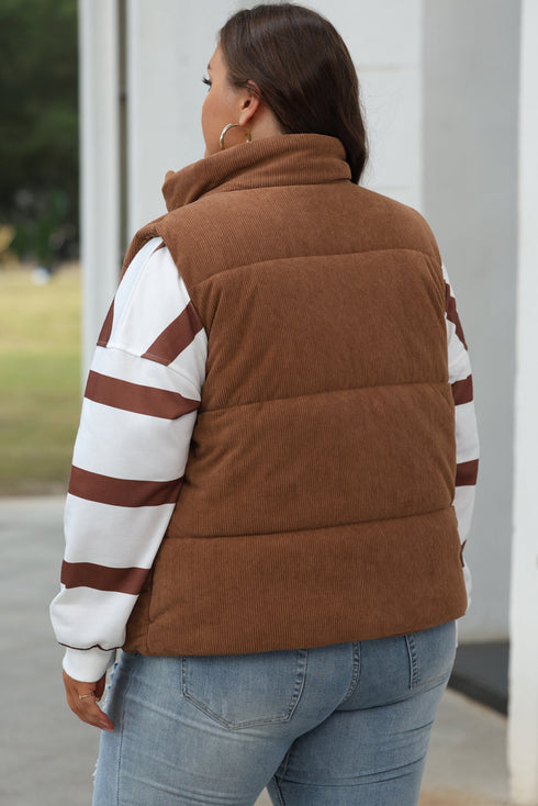 Textured Corduroy Stand Neck Zipped Puffer Vest