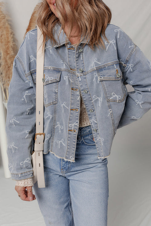 Bow Knot Print Raw Hem Washed Denim Jacket