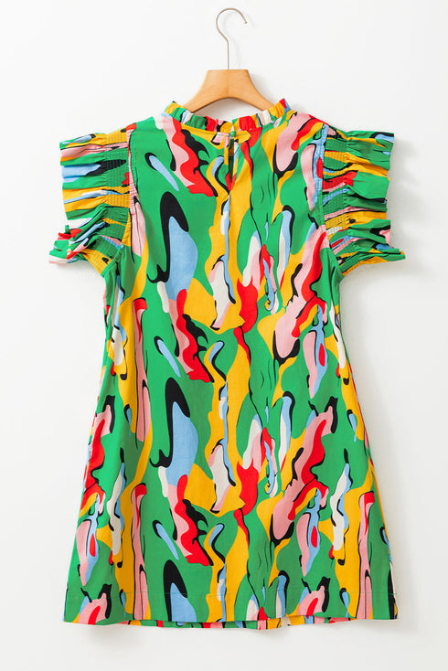 Abstract Print Ruffled Mock Neck Shift Dress