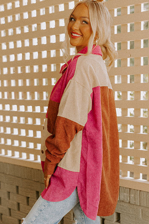 Casual Curved Hem Corduroy Pocket Shirt Jacket