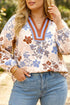 Floral Print Collared V Neck Long Sleeve Blouse