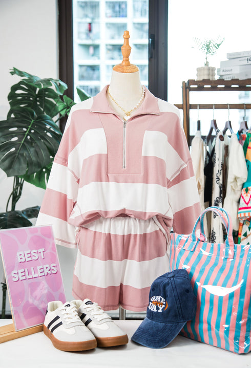 Striped Half Zip Bracelet Sleeve Seam Detail Short Set