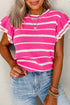 Striped Double Ruffle Short Sleeve Lightweight Knit Sweater