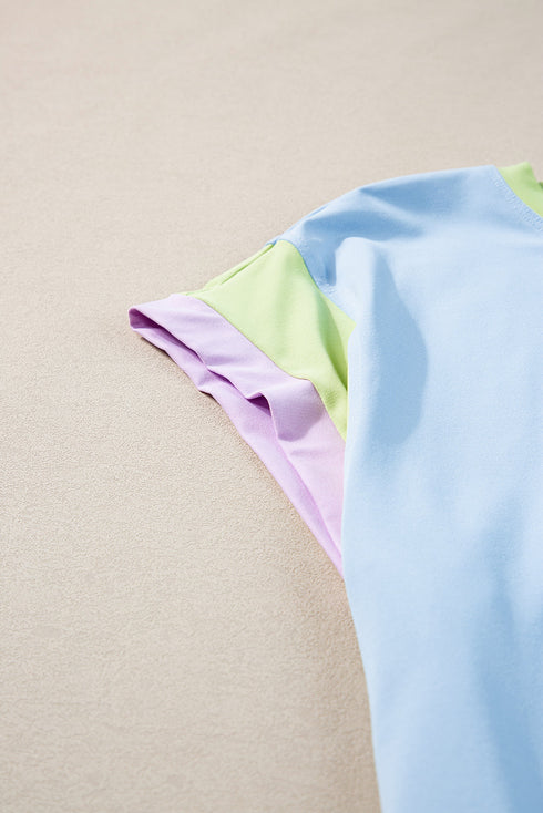 Casual Blocked Pattern Patchwork Cap Sleeve Short Set