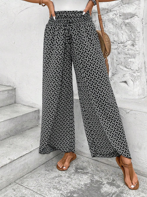 Bohemian Print Smocked High Waist Wide Leg Slit Pants