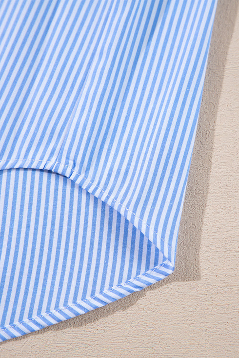 Pinstripe Long Sleeve Smocked Cuff Button Shirt Collar Blouse