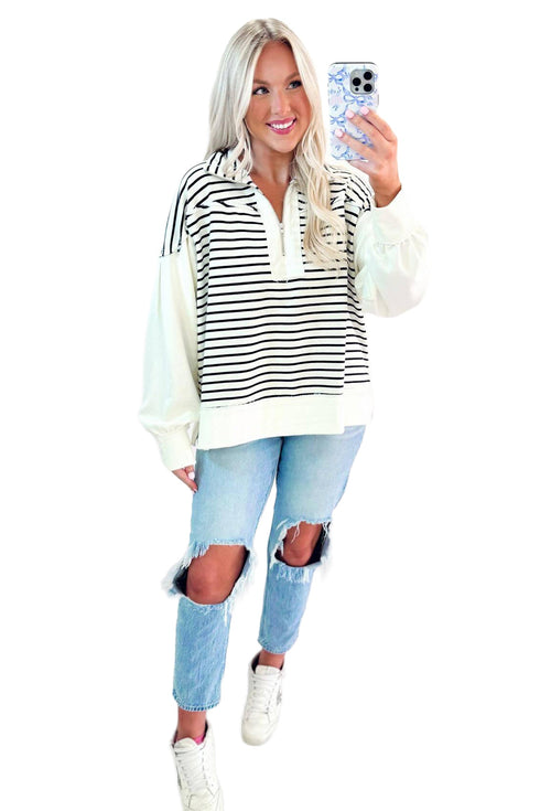 Striped Metal Zip Up Collar Long Puff Sleeve Top