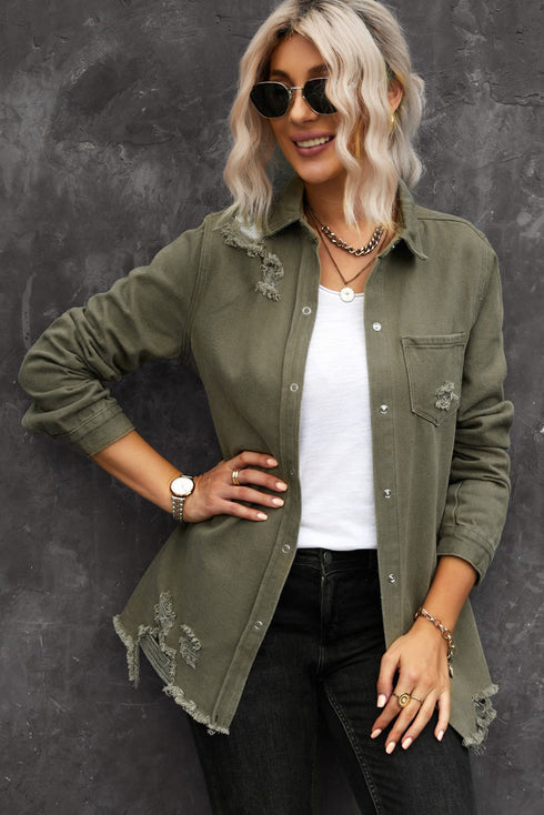 Cotton Raw Hem Distressed Denim Shirt Jacket